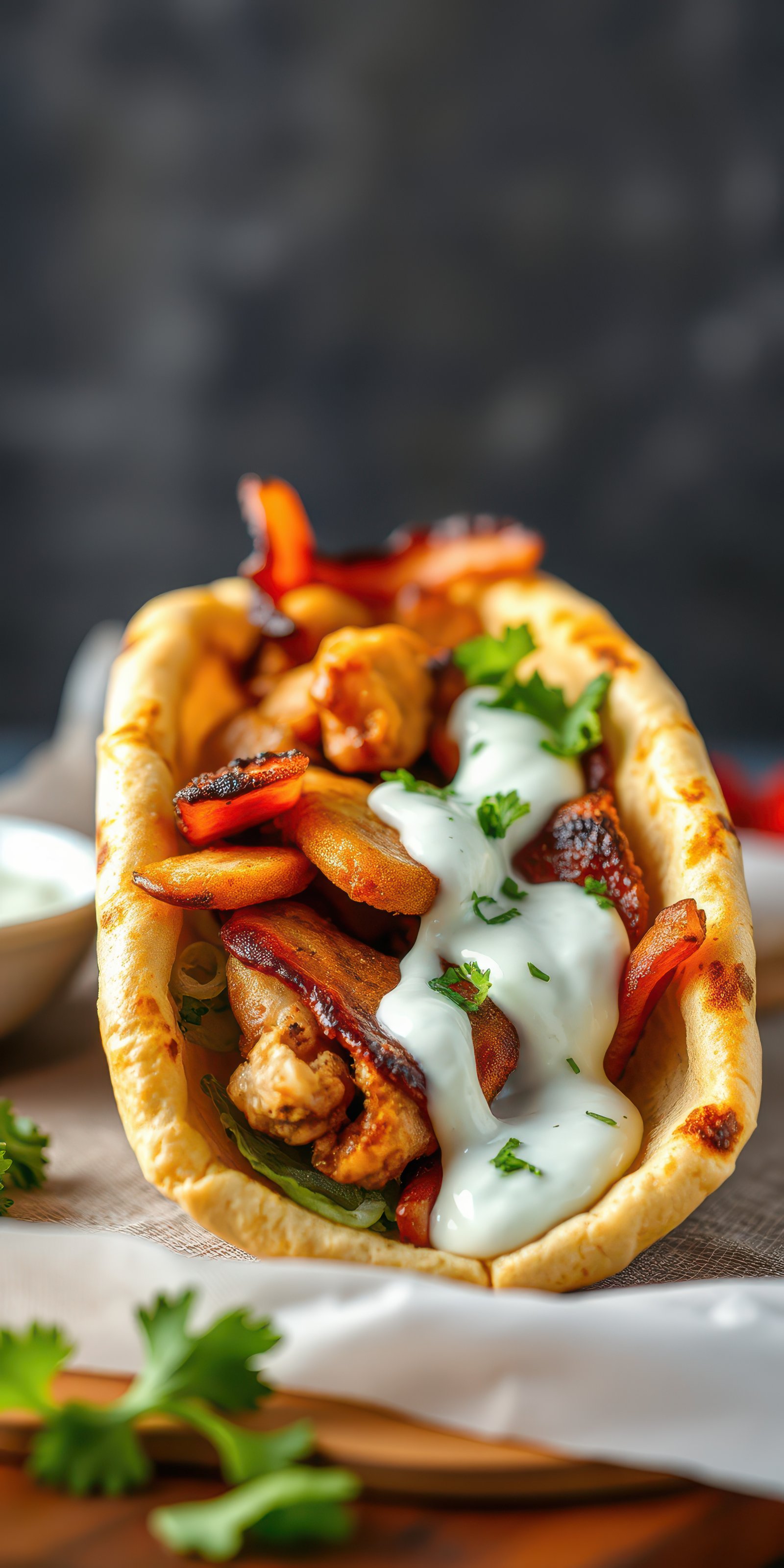 Delicious grilled chicken wrap with fresh vegetables and creamy sauce served on a wooden table